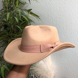 Tan brown faux suede cowboy cowgirl western boho hat cap fedora pink bow
